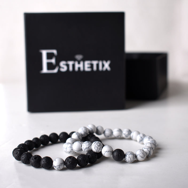 WHITE HOWLITE x BLACK LAVA STONE BRACELET