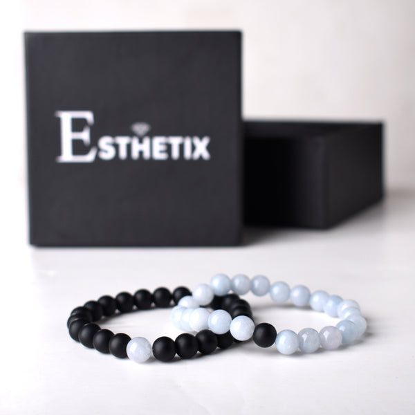 AQUAMARINE WHITE JADE  x MATT BLACK STONE BRACELET