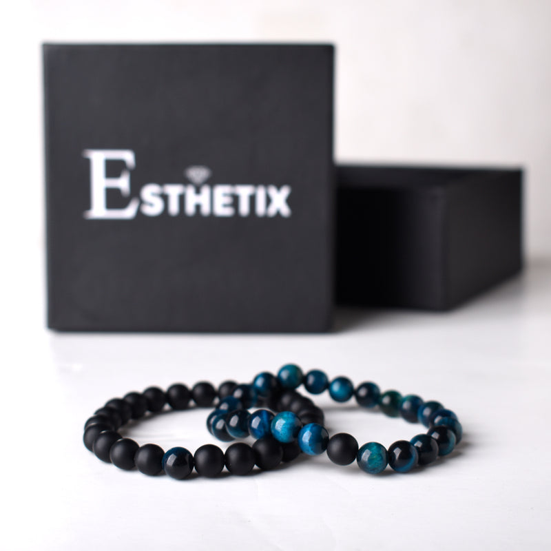 BLUE TIGER EYE x MATT BLACK STONE BRACELET