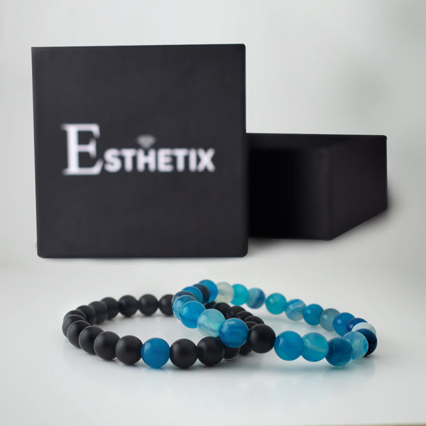 BLUE STRIPE AGATE x MATT BLACK STONE BRACELET