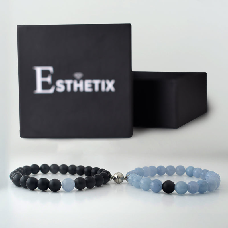 AQUAMARINE WHITE JADE x MATT BLACK MAGNETIC STONE BRACELET